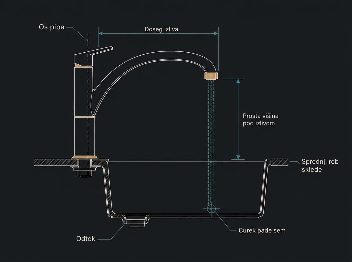 Prerez pomivalnega korita in kuhinjske pipe z označenim dosegom izliva, prosto višino pod izlivom in mestom, kamor pade curek