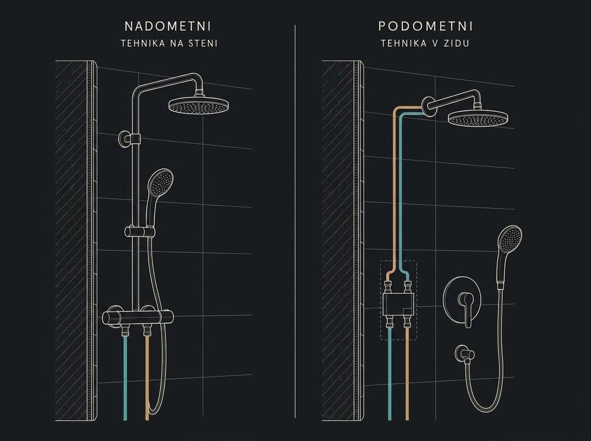Prerez stene z dvema izvedbama tuš sistema: levo nadometna armatura na steni, desno podometna s tehniko v zidu