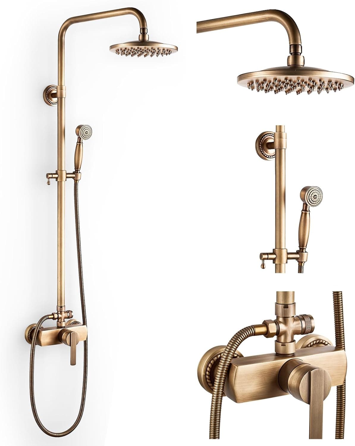 Shower System with Fitting, Antique Brass Shower Set, Retro Glod Shower Fitting, Complete Set, Vintage Shower Set, Shower Set with Rain Shower 8 Inches, Hand Shower Head, Height Adjustable 70-120 cm, Wall Mounted