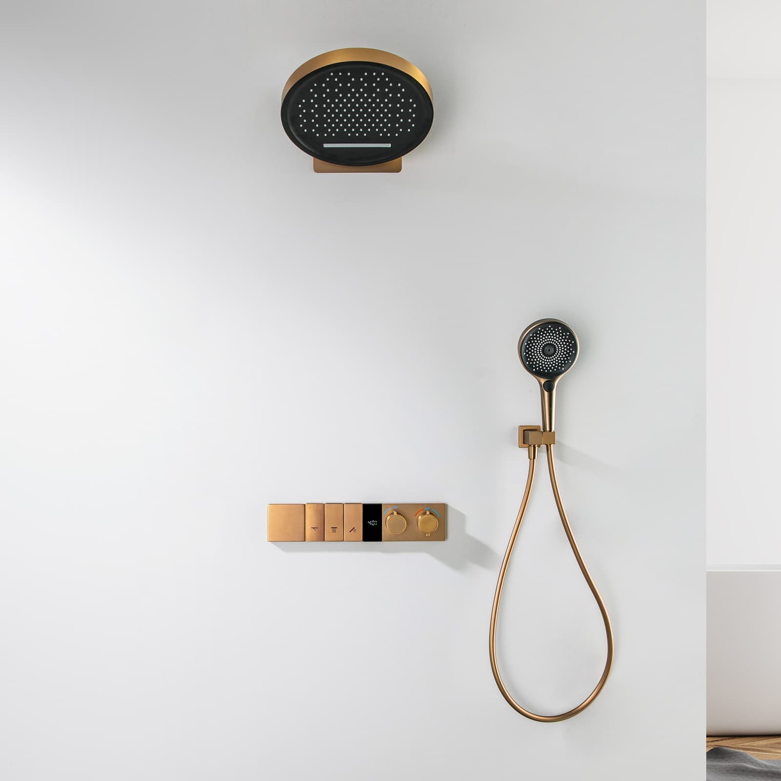 All-Copper Concealed Embedded Shower Set Bathroom Smart Digital Display Constant Temperature Brushed Rose Gold