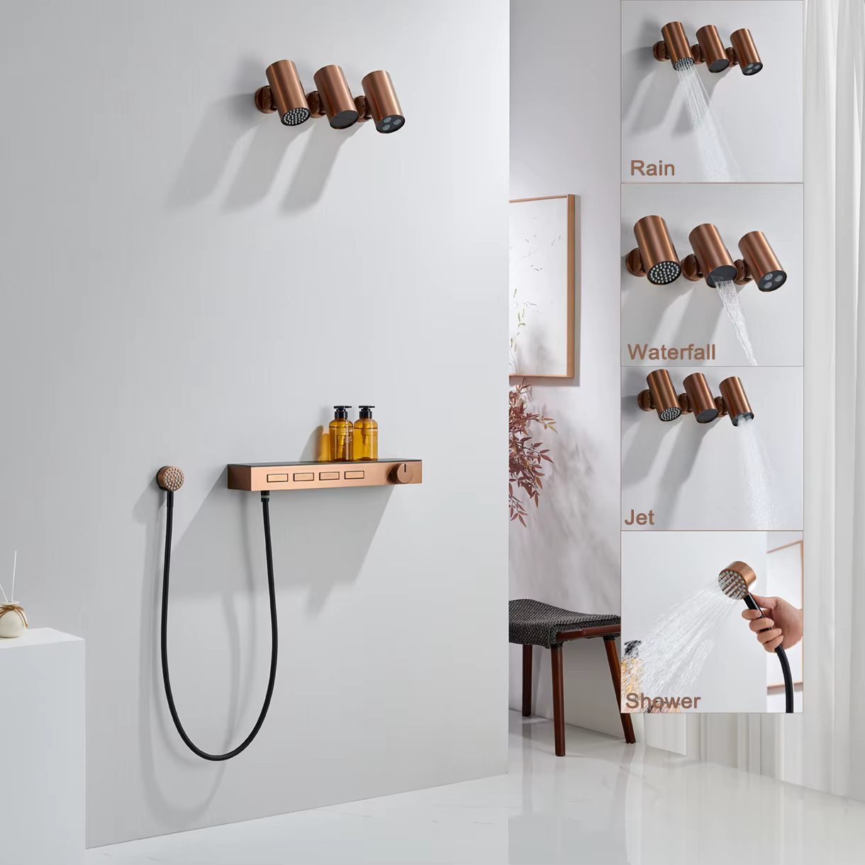 4 Function Luxury Concealed Shower Faucet With Brushed Rose Gold Finish 5 Handles Wall Mount Pause/jet/soft/rain Spray Patterns