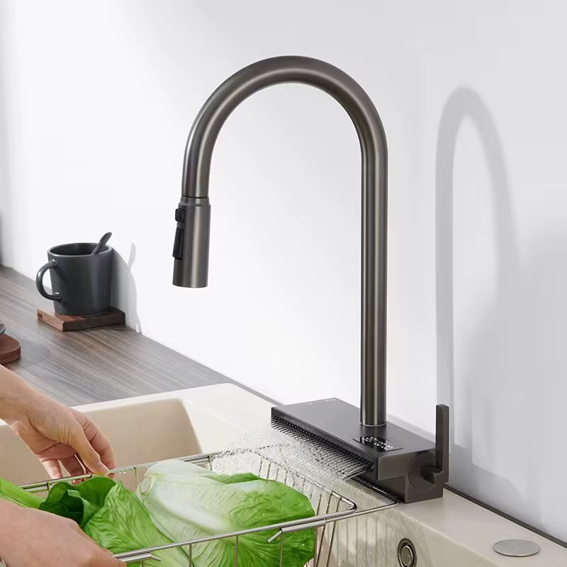 Large Size Brass Waterfall Faucet Digital Dual Deck Mounted Kitchen Sink Faucet Hot Cold Water Outlet Numbered Surface