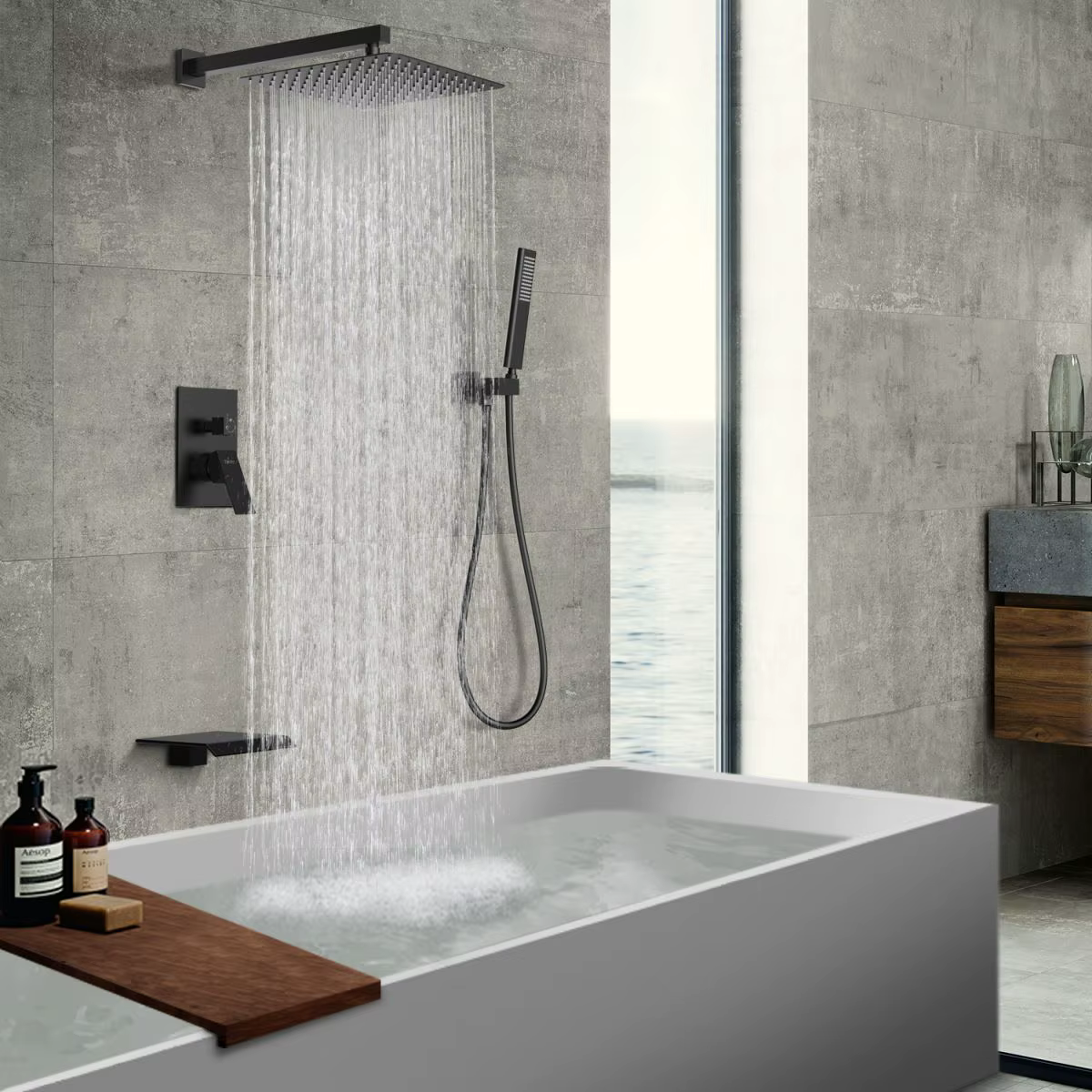 Us Local Stock Matte Black 12-inch Alloy Rain Waterfall Shower Head System Handheld Sprayer Wall-mounted Thermostatic Faucet Set