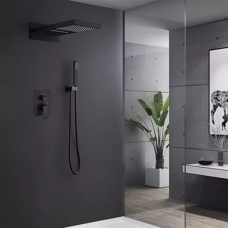 Luxury Brass Black Waterfall Rainfall Shower System Bathroom Concealed Shower Mixer Set