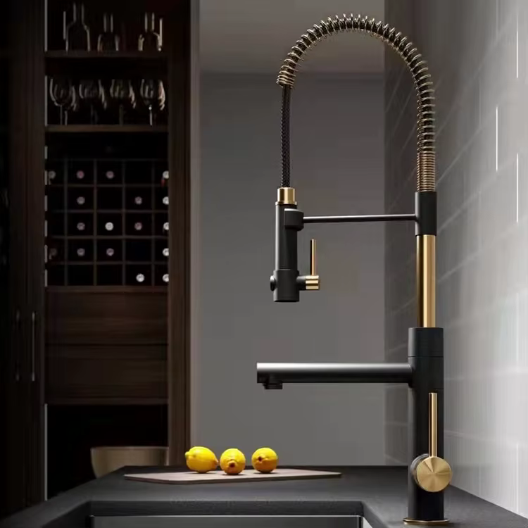 304 Stainless Steel Single Handle Deck Mounted Black Gold Pull Out Semi Pro Spring Kitchen Sink Faucet Tap