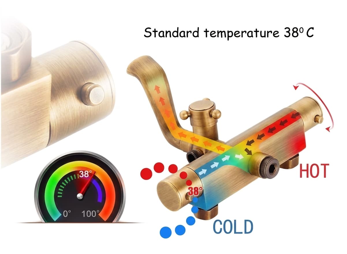 Specifikacije podometnega tuš sistema ATS1155: termostat 38 °C in pretok tople ter hladne vode
