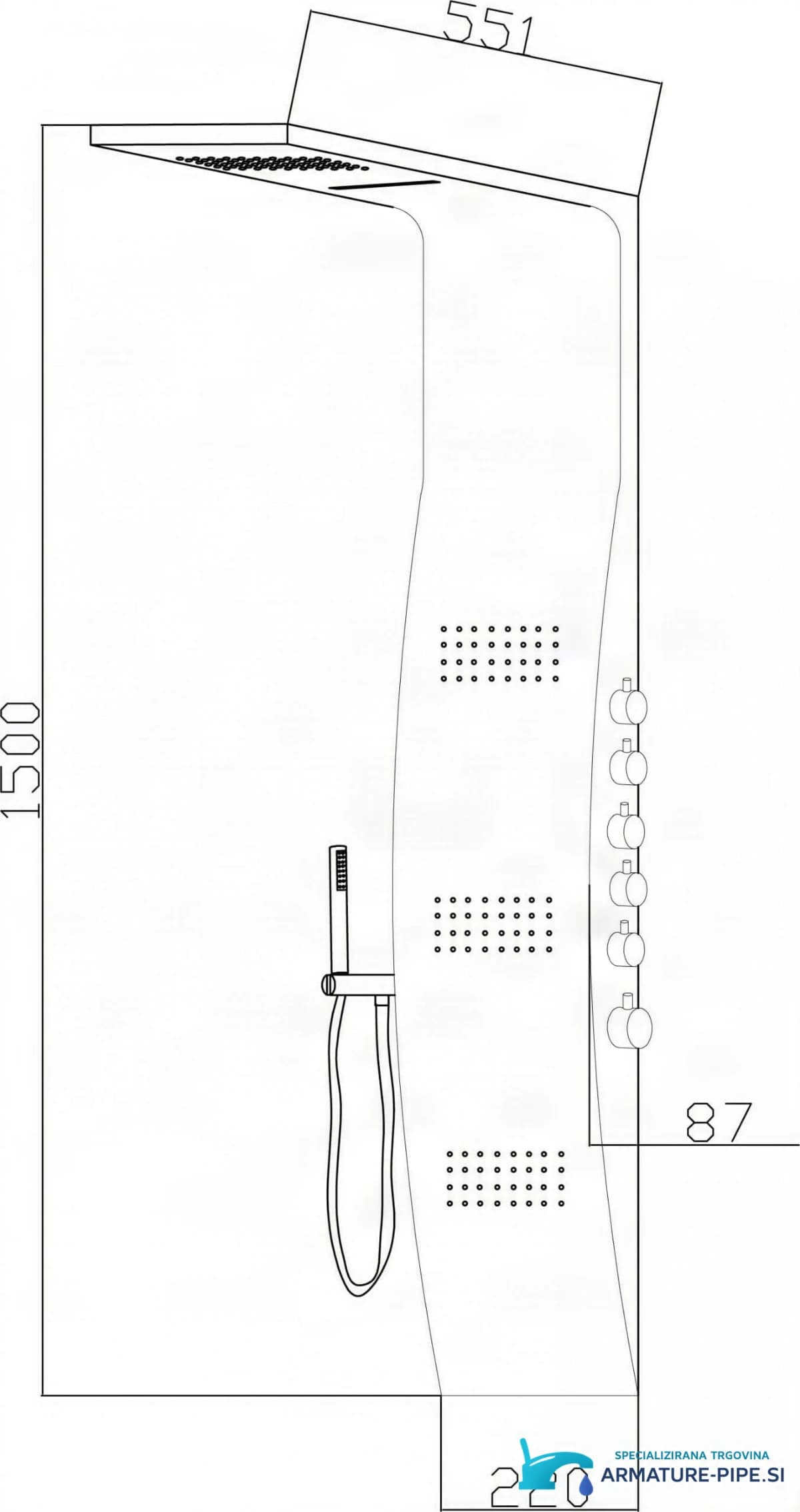 Technický výkres panelu ELITE SP1058 s rozměry 1500 × 551 × 220 mm