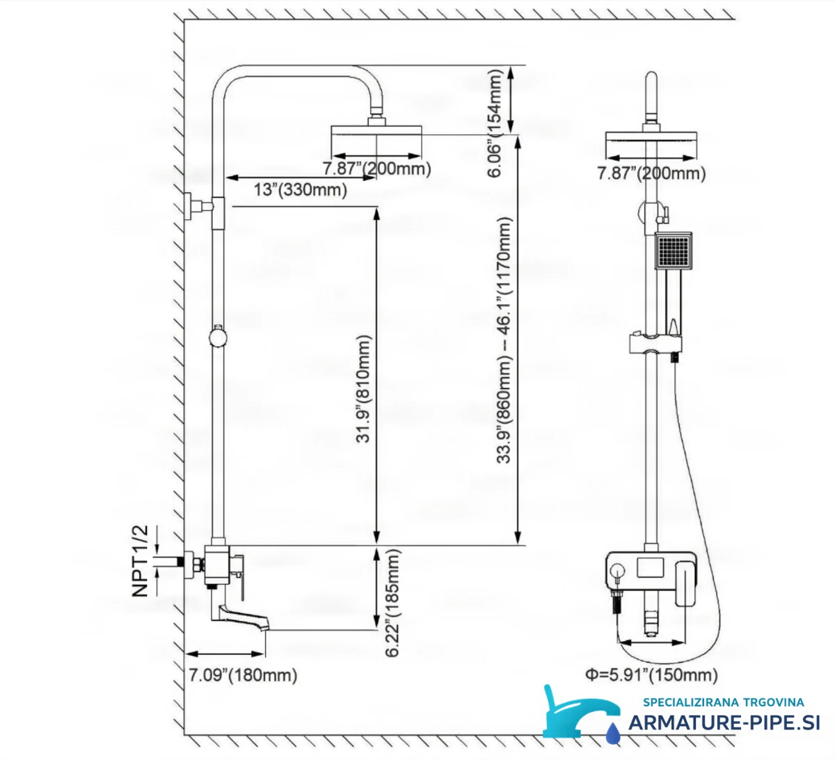 Technický výkres panelu EYN NTD0341 (860–1170 mm, hlavová sprcha 200 mm, NPT 1/2)
