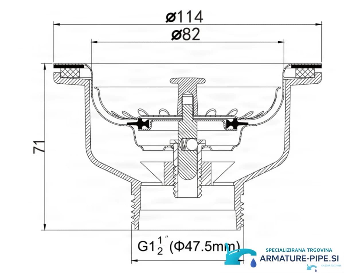 Technický výkres odtoku EYN GBP1504 s Ø 114 mm, výškou 71 mm a závitem G1½