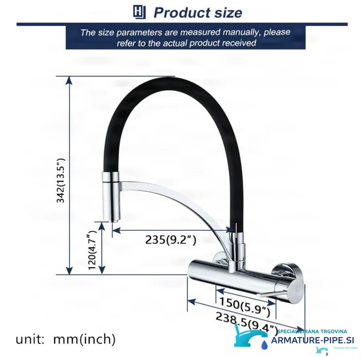 Technický výkres nástěnné baterie WL1026 s výškou 342 mm a dosahem 235 mm