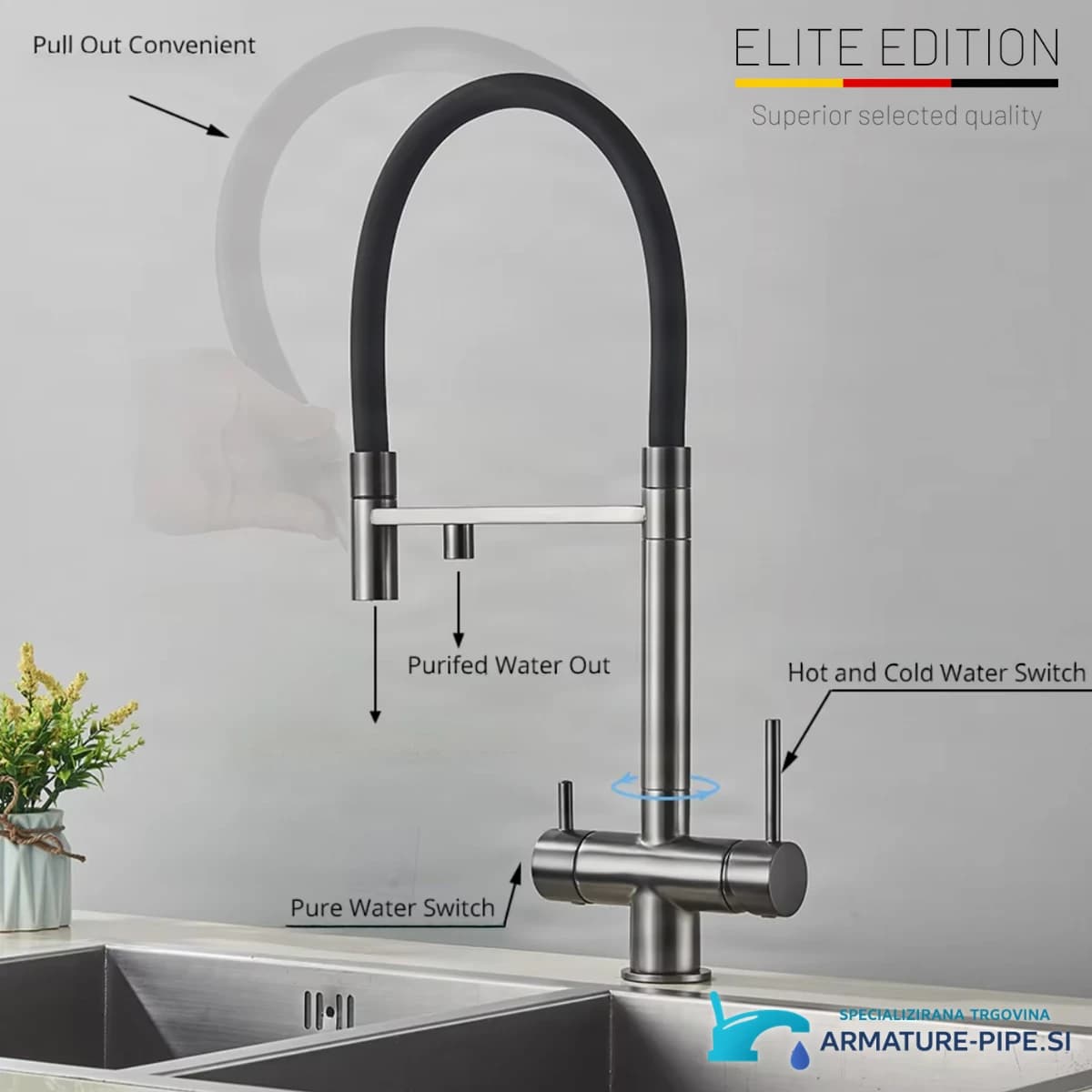 Funkce filtrační kuchyňské baterie Elite Edition KA1643 se dvěma výtoky vody