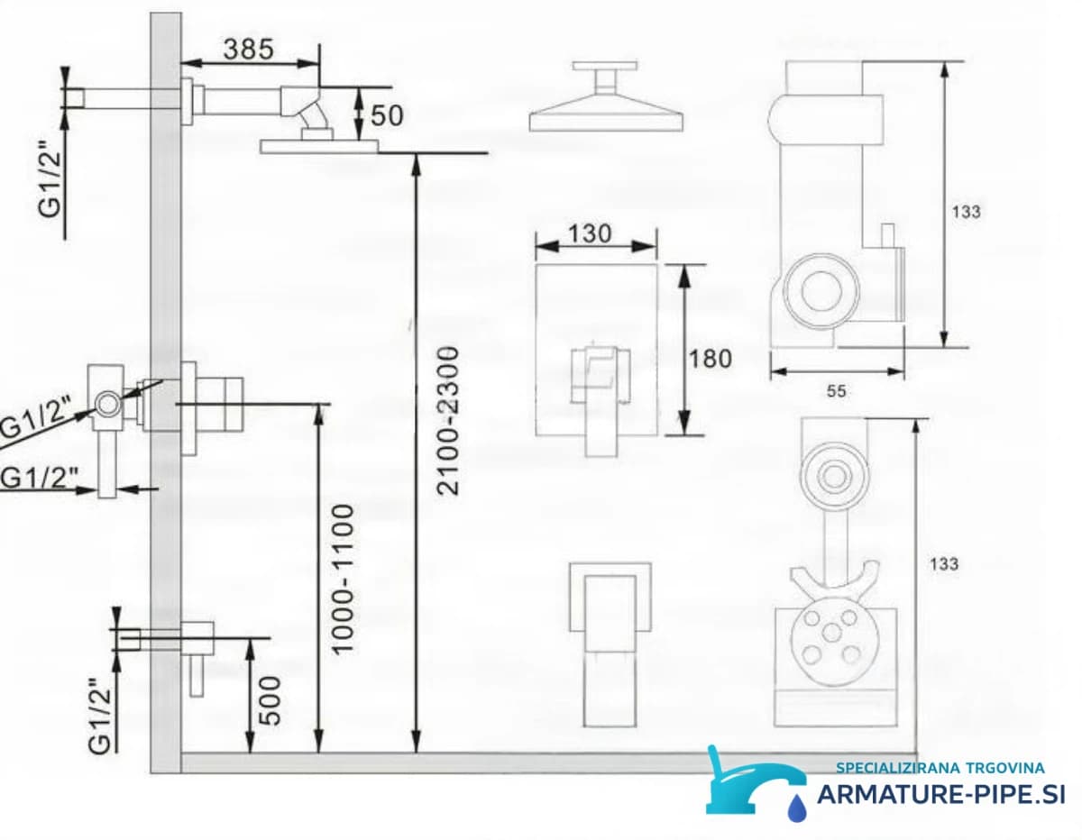 Technický výkres podomítkového systému PT69359 (2100–2300 mm, G1/2)