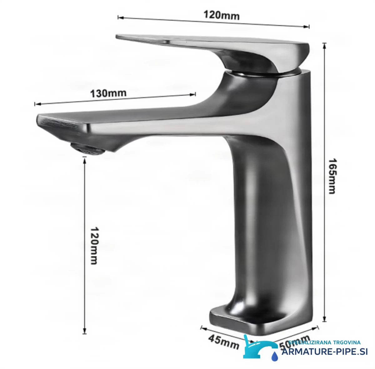 Tehnična risba nerjavne armature ELITE EDITION BS2150 (165 × 130 mm, višina izliva 120 mm)