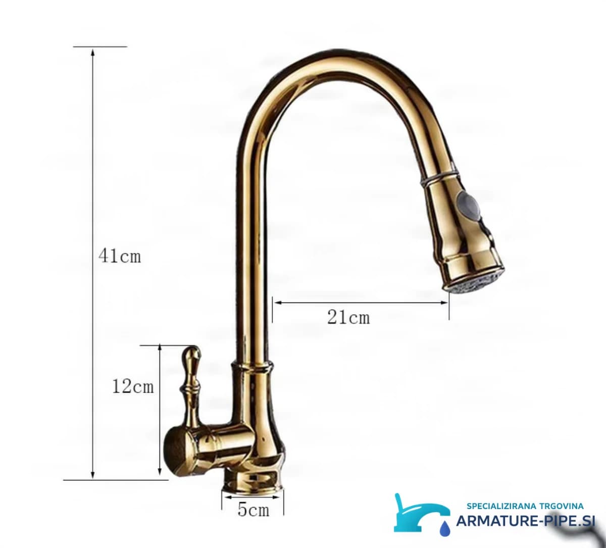 Rozměry výsuvné kuchyňské baterie KZI5176: výška 41 cm a dosah 21 cm