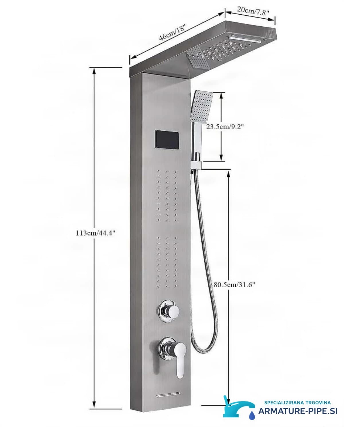 Technický výkres luxusního LED sprchového panelu BSP1912 (113 × 46 × 20 cm)