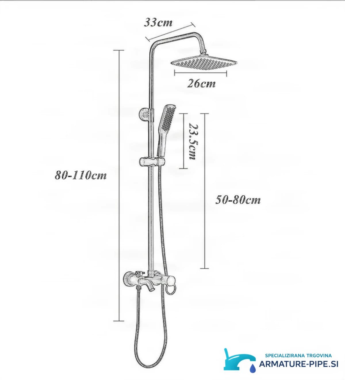 Technický výkres sprchového systému EYN BSE1250 (80–110 cm, hlavová sprcha 26 cm)
