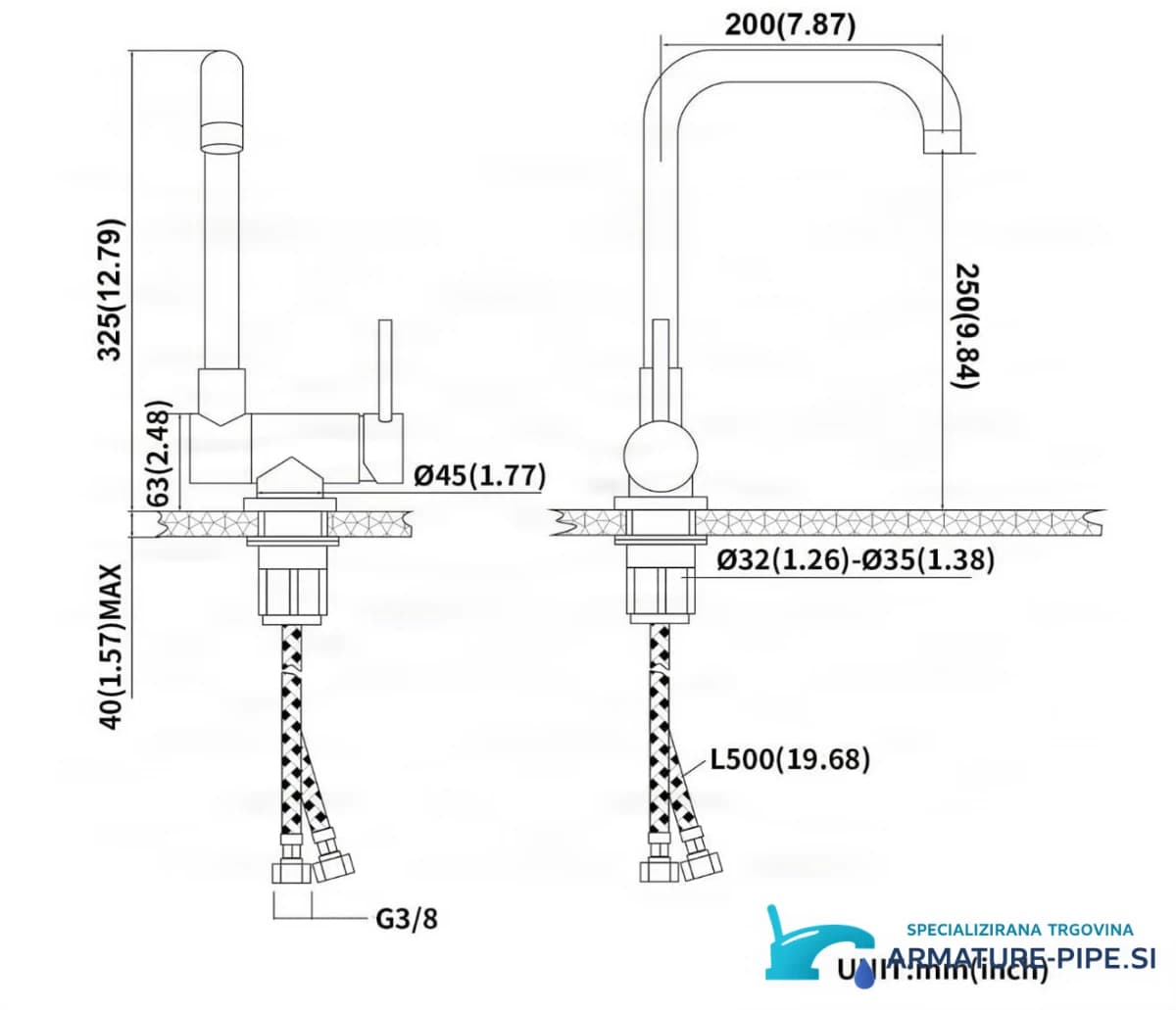 Technický výkres baterie PA13536 (325 × 200 mm, připojení G3/8)