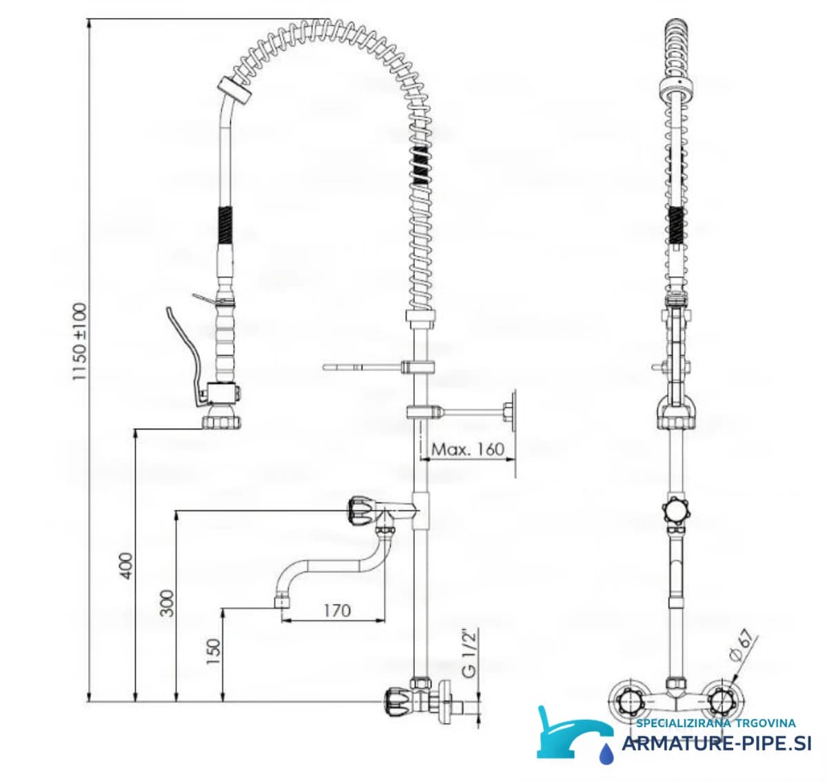 Technický výkres profesionální baterie EYN SZ0029 (1150 ± 100 mm, G1/2)