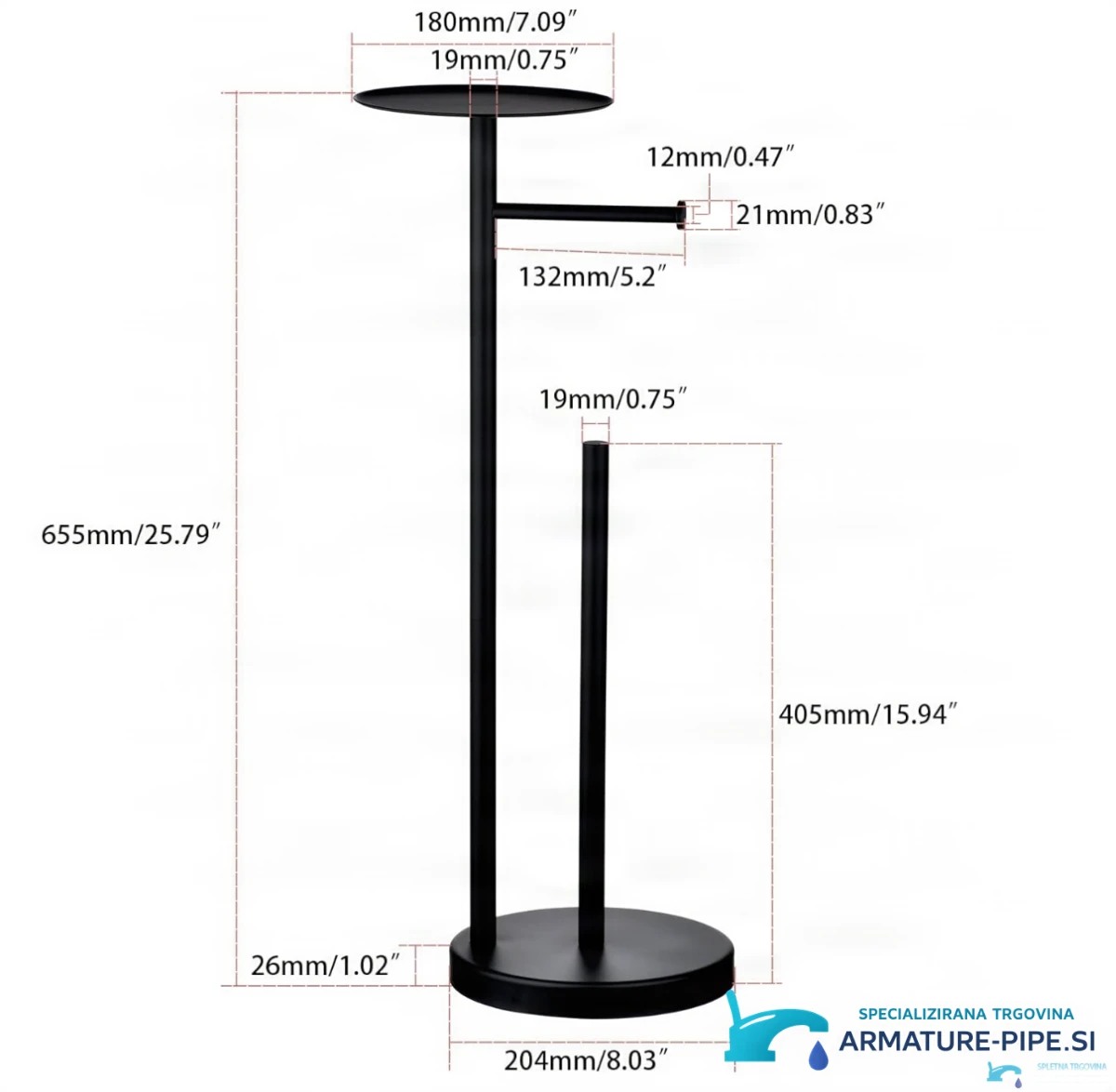 Technický výkres držáku toaletního papíru TG0910 (výška 655 mm, základna 204 mm)