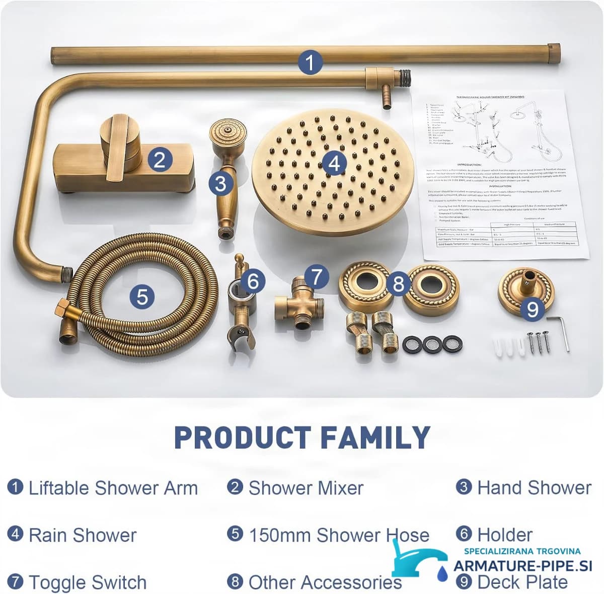 Sprchový systém s baterií ELITE EDITION BSE1508 ve starožitné mosazi