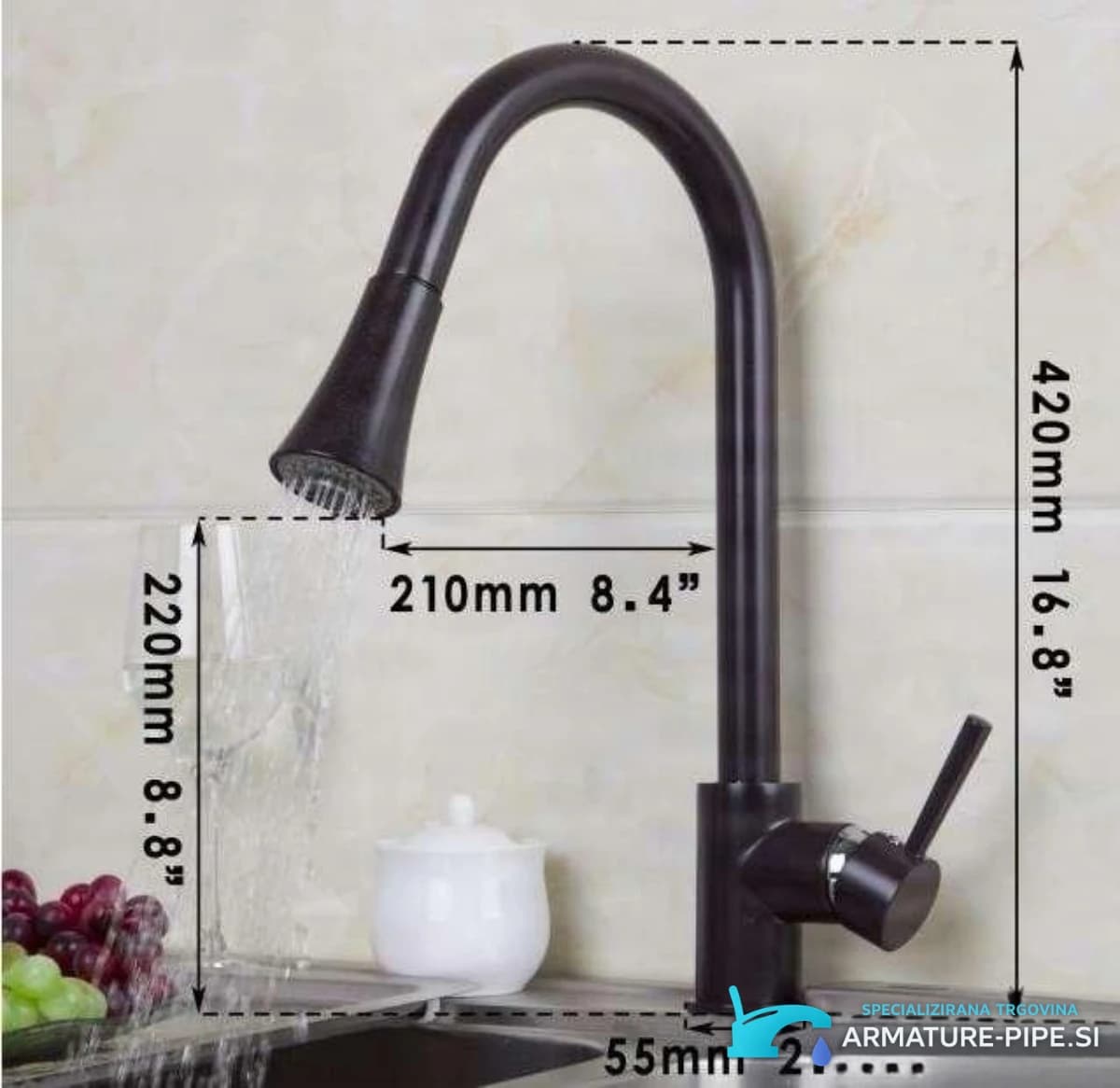 Rozměry kuchyňské baterie EYN CA9422b: výška 420 mm, dosah 210 mm