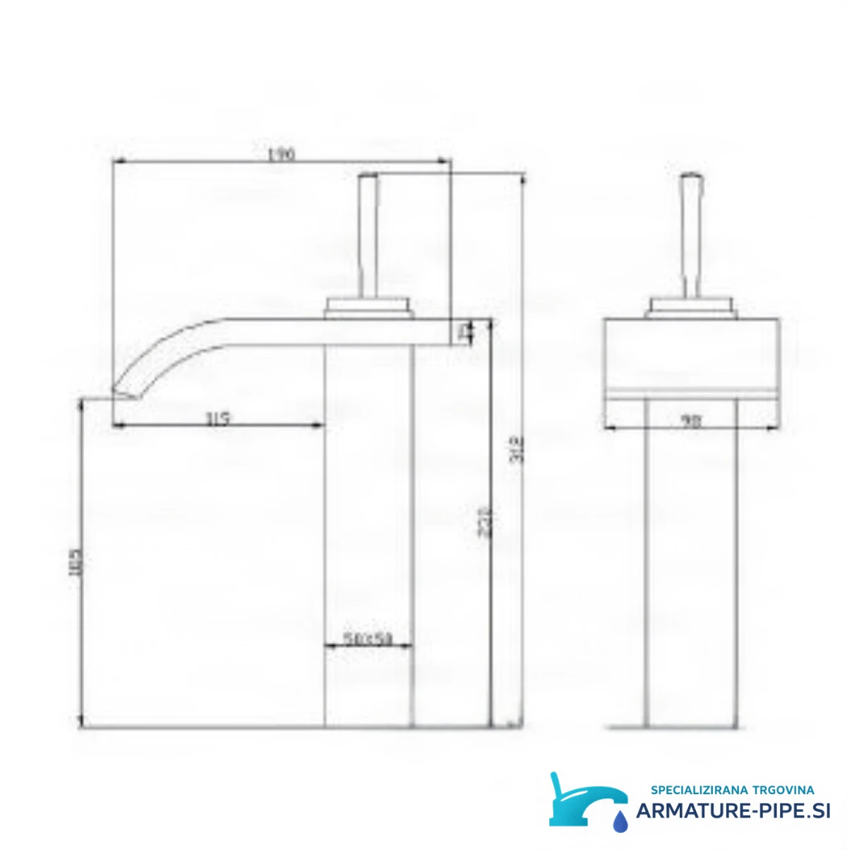 Výkres vodopádové baterie EYN0145 se šířkou 170 mm a dosahem 119 mm