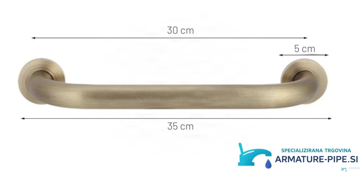 Rozměry koupelnového madla EYN DB1008: délka 35 cm, rozteč otvorů 30 cm