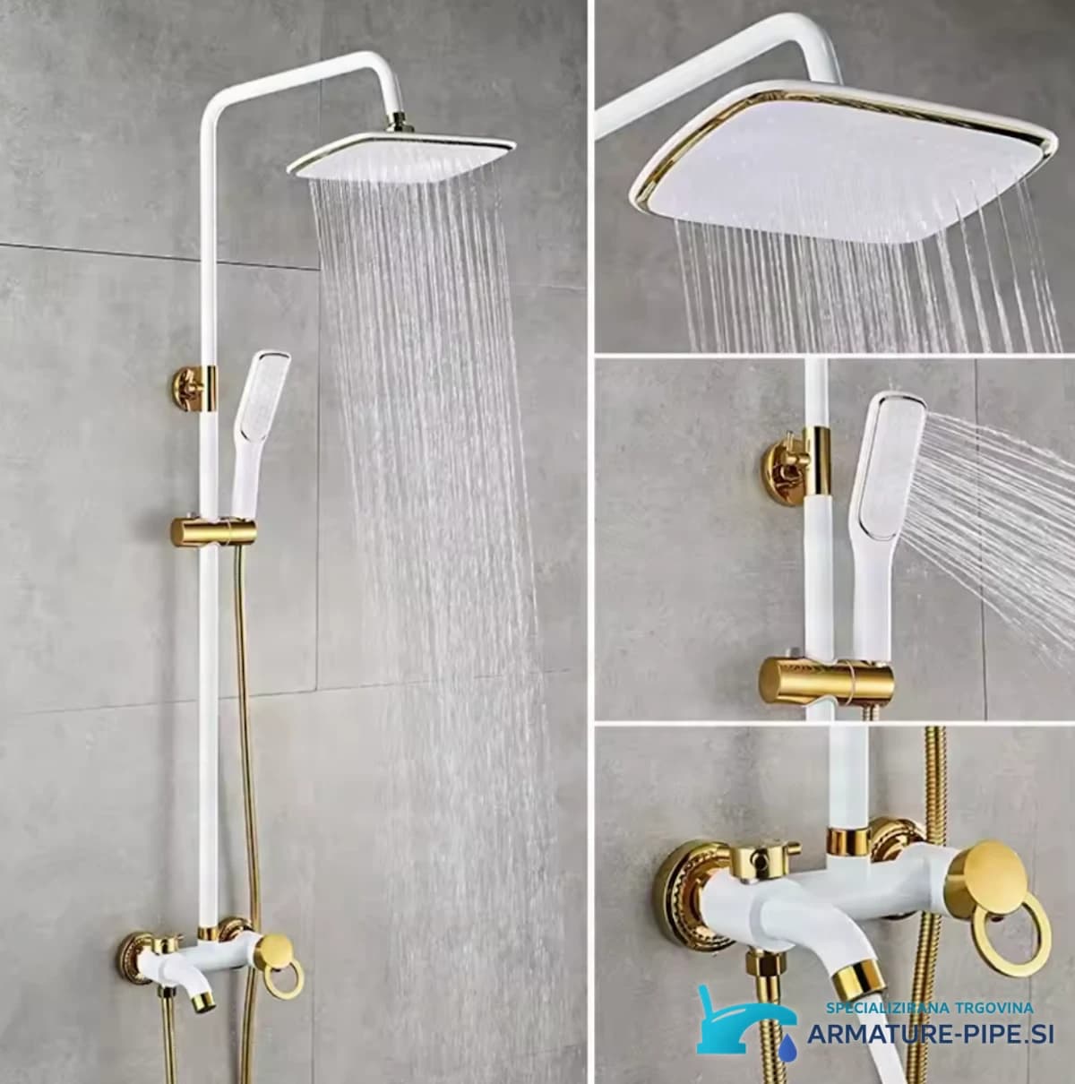 Nástěnný sprchový systém EYN BSE1250 v lesklé bílé se zlatými prvky