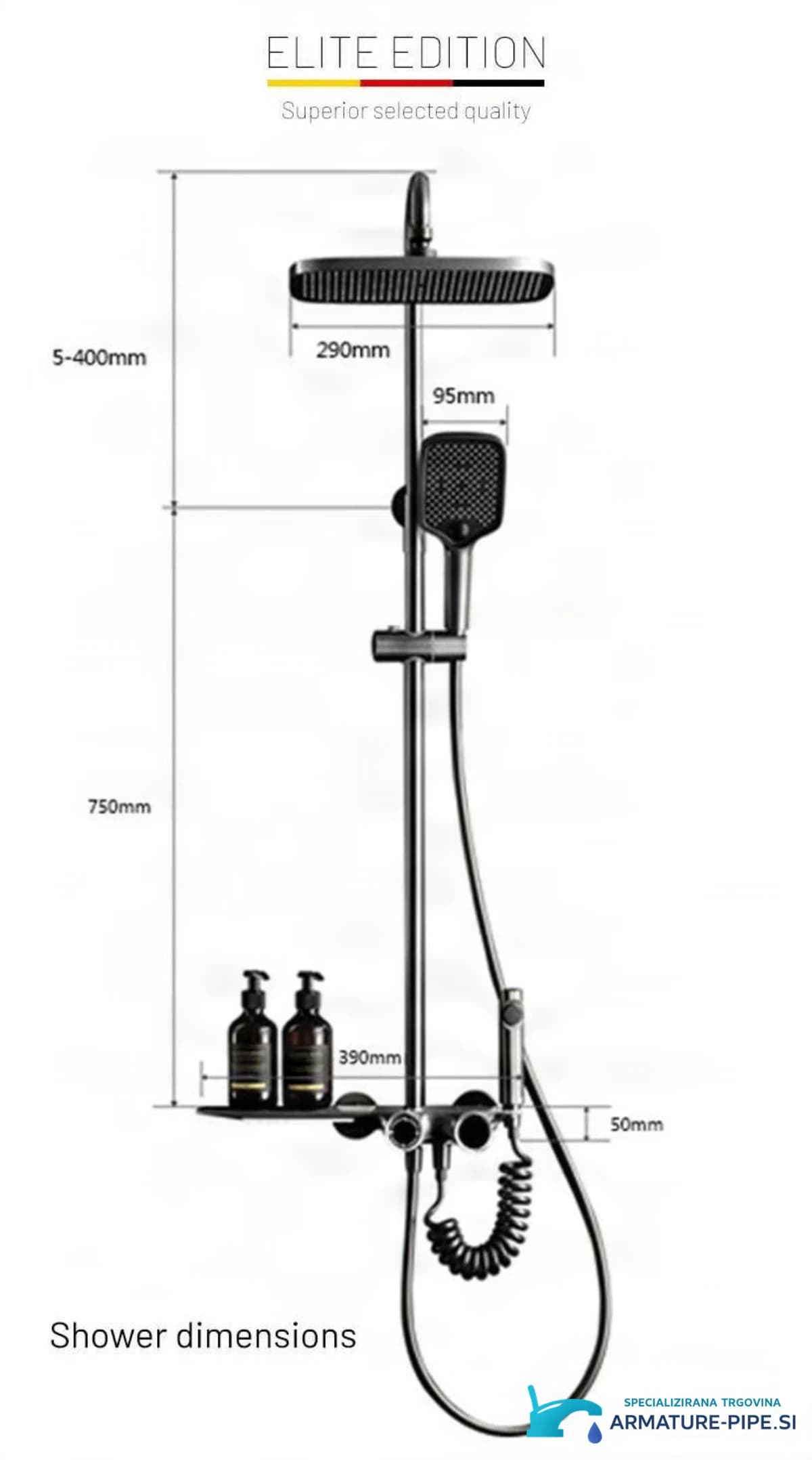 Technický výkres systému SH1857: hlavová sprcha 290 mm, police 390 mm
