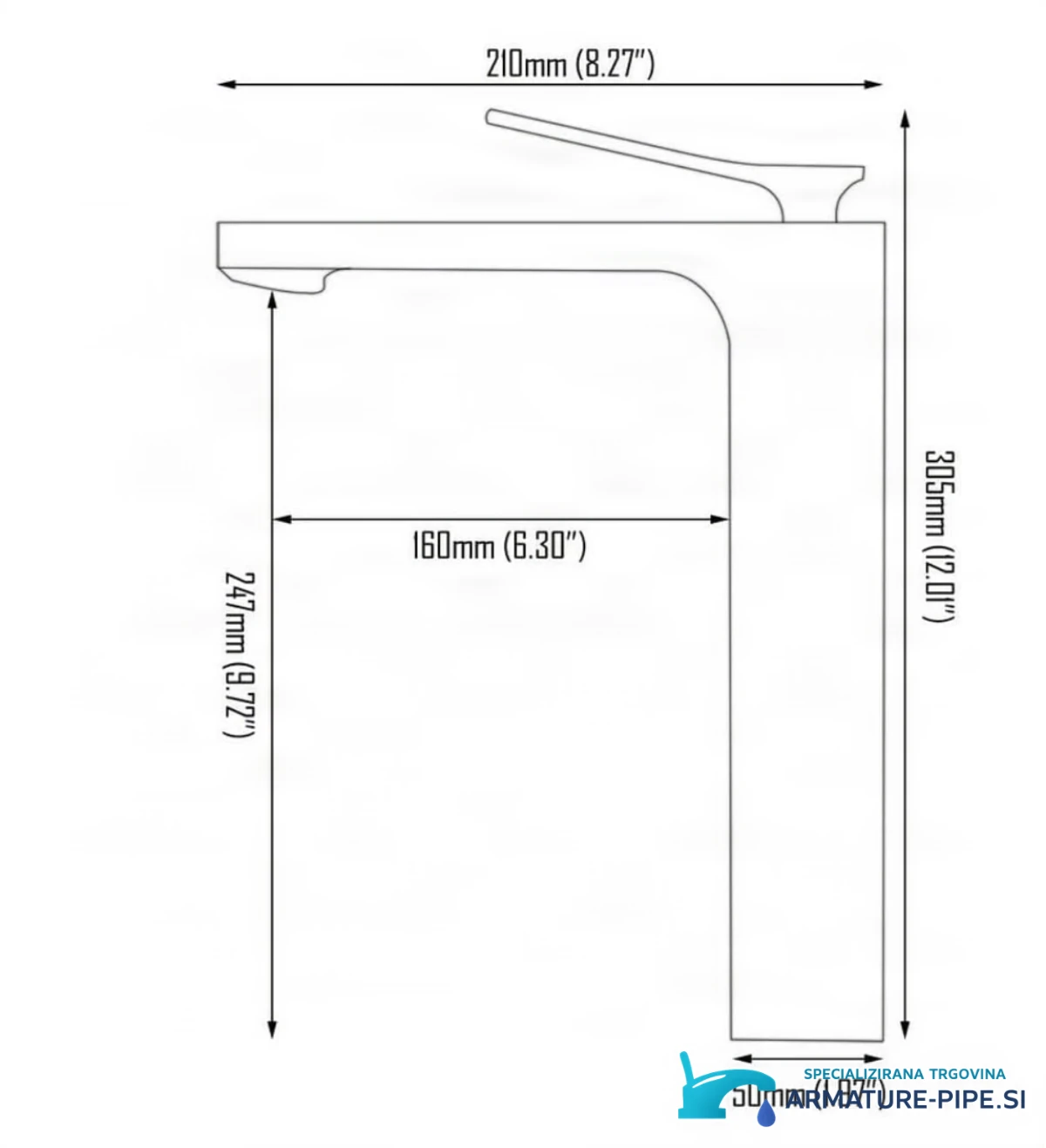 Technický výkres baterie BSC1342 s výškou 306 mm a celkovým dosahem 210 mm