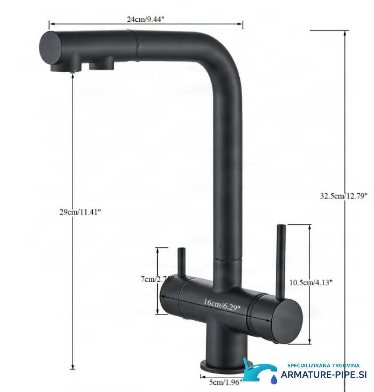 Technický výkres kuchyňské baterie KA1651 s filtrem (32,5 × 24 cm)