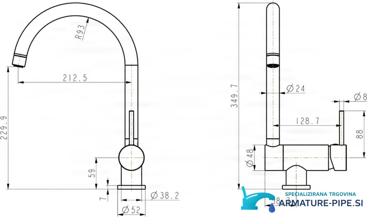 Technický výkres nízkotlaké sklápěcí baterie NT1141, výška 349,7 mm, dosah 212,5 mm