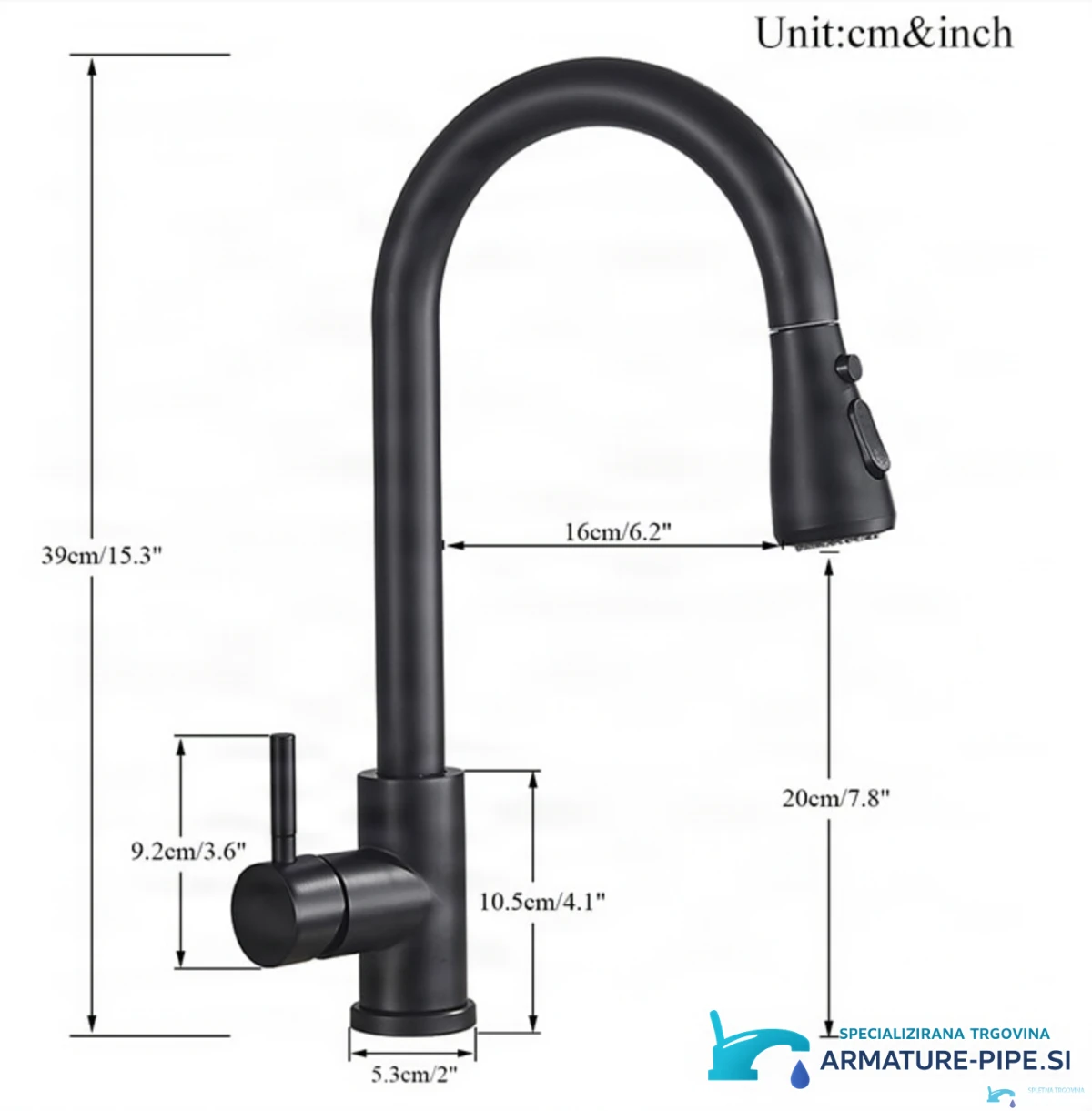 Technický výkres výsuvné baterie KZI6168 s výškou 39 cm a dosahem výtoku 16 cm