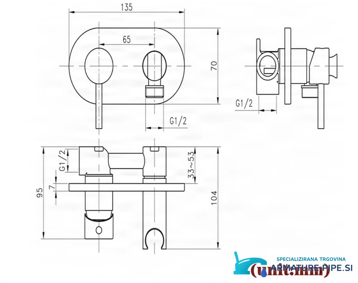 Technický výkres podomítkové bidetové baterie BB1637 (135 × 70 mm, G1/2)