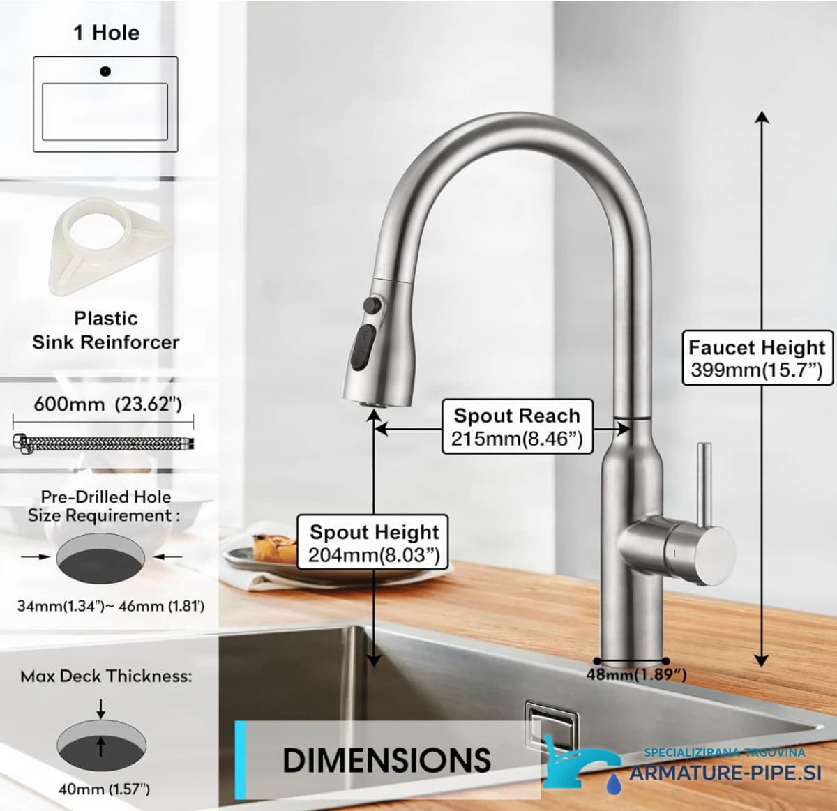 Rozměry senzorové kuchyňské baterie BKS1299: výška 399 mm, dosah 215 mm