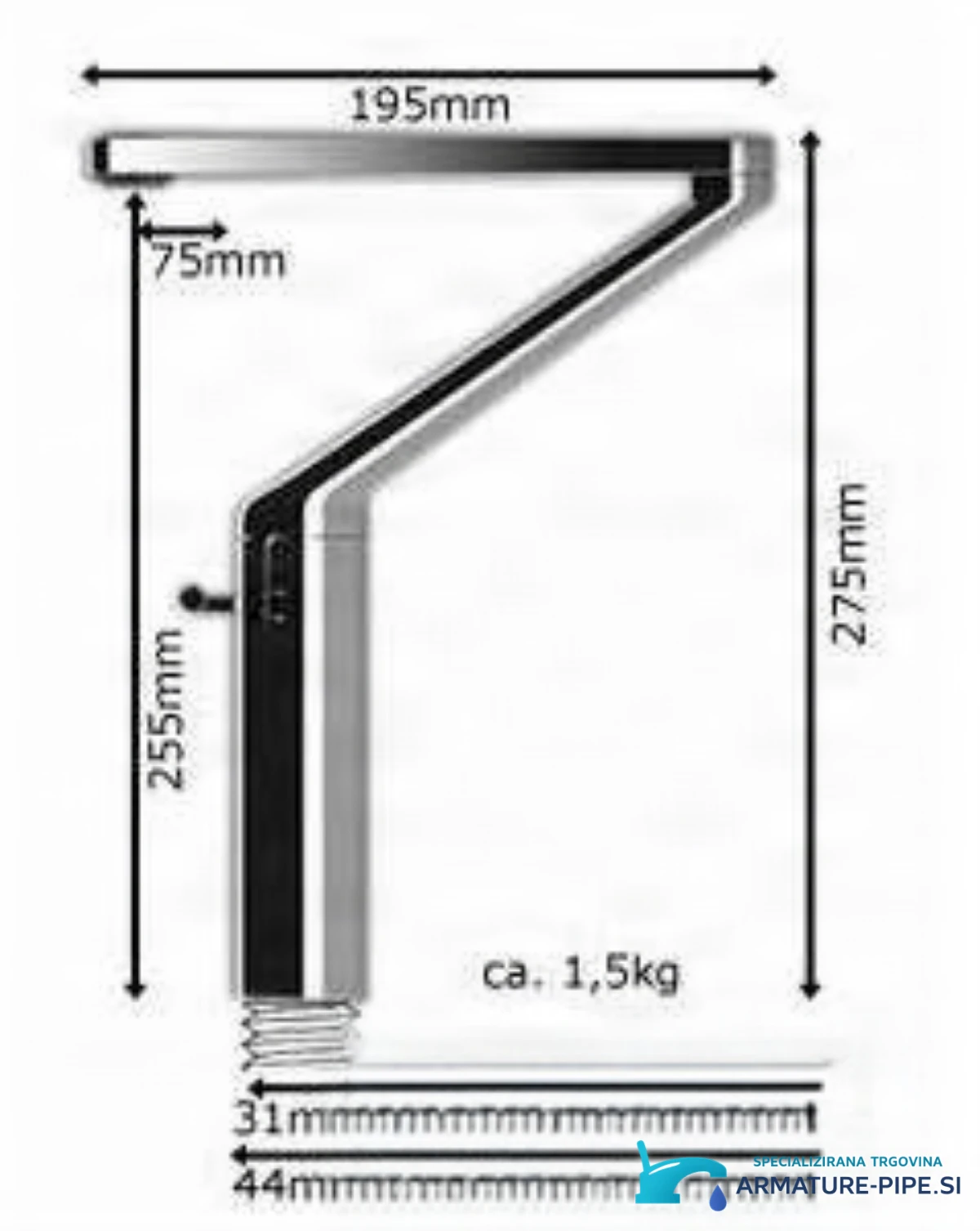 Technický výkres kuchyňské a koupelnové baterie KA05738, 195 × 275 mm