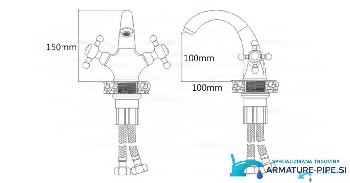 Technický výkres Antika RU1305 s výškou 150 mm a dosahem 100 mm