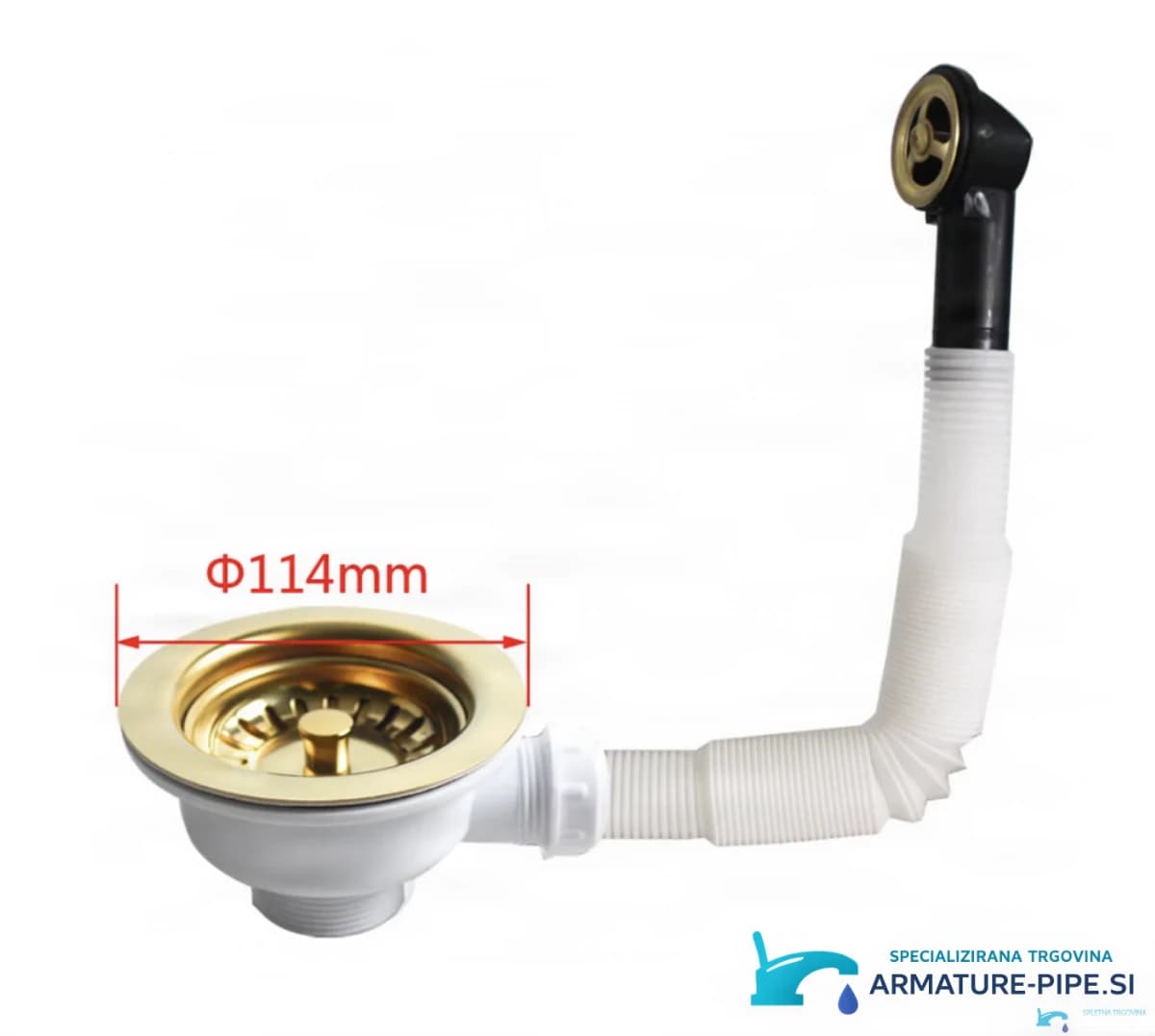 Zlatý dřezový odtok EYN GBP1504 s přepadovou přípojkou a průměrem 114 mm