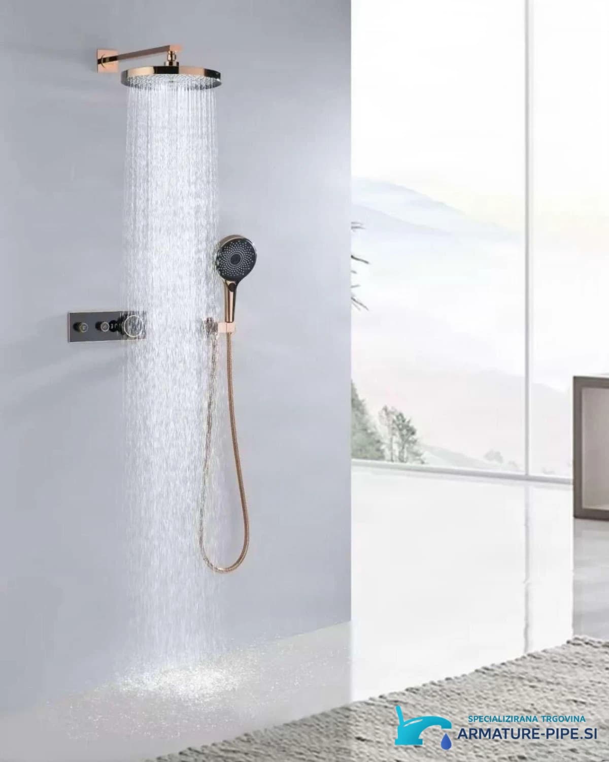 Luxusní termostatický sprchový systém ELITE EDITION BCS1603 s displejem v lesklém růžovém zlatě a černé