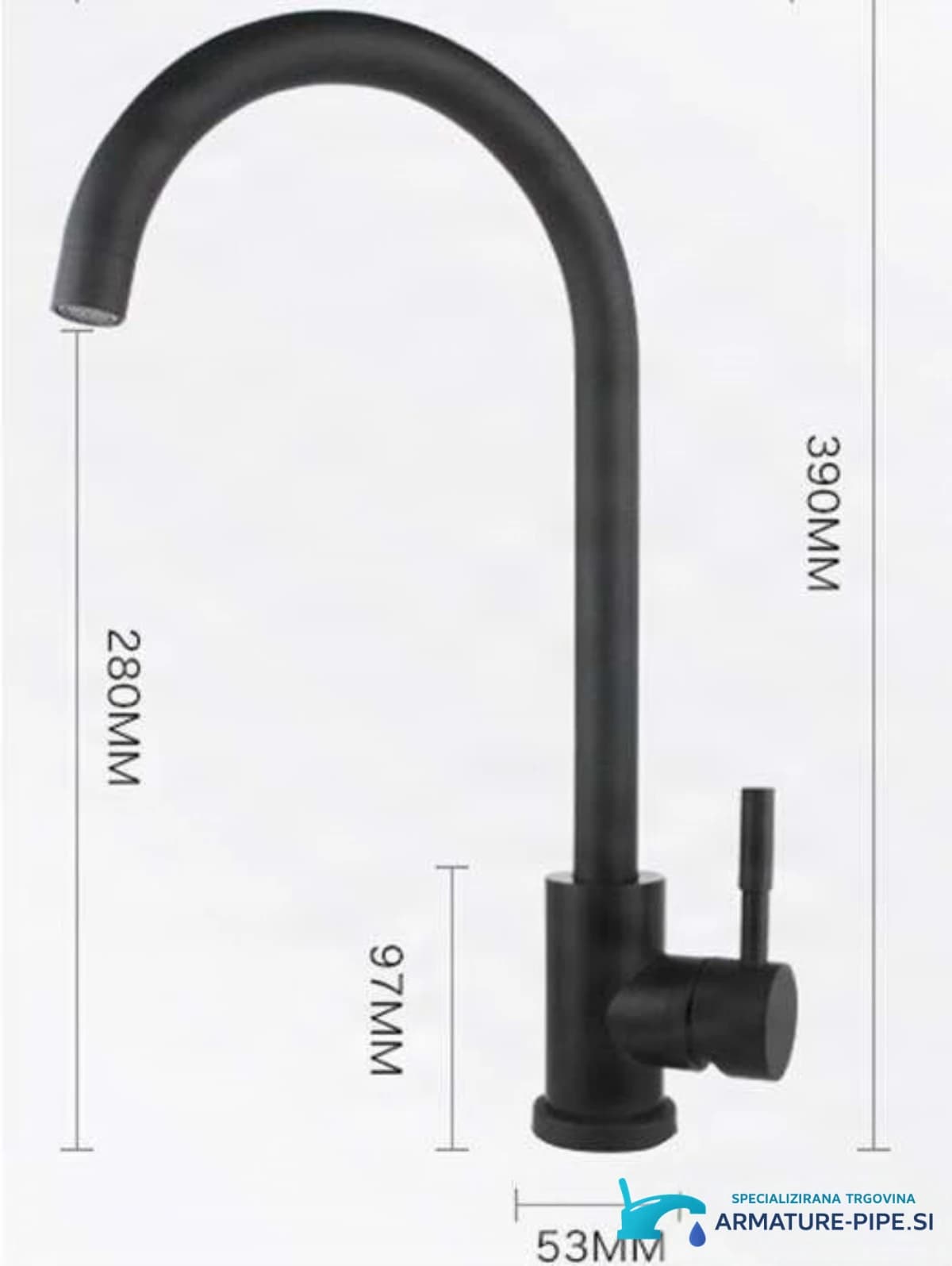 Technický nákres baterie BK1343 s výškou 390 mm a výškou výtoku 280 mm
