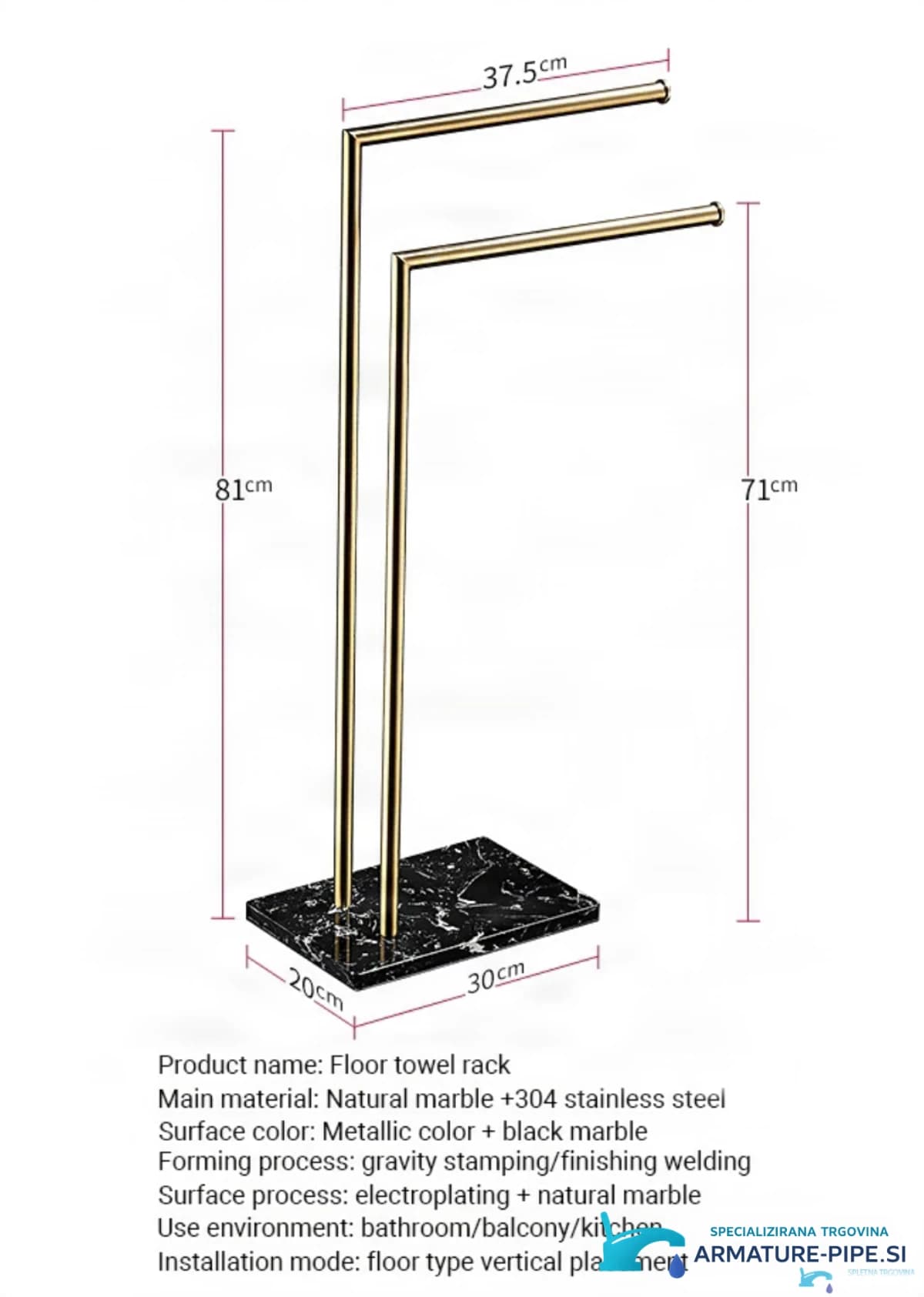 Technický výkres volně stojícího držáku na ručníky TH8899 (81 × 37,5 cm)