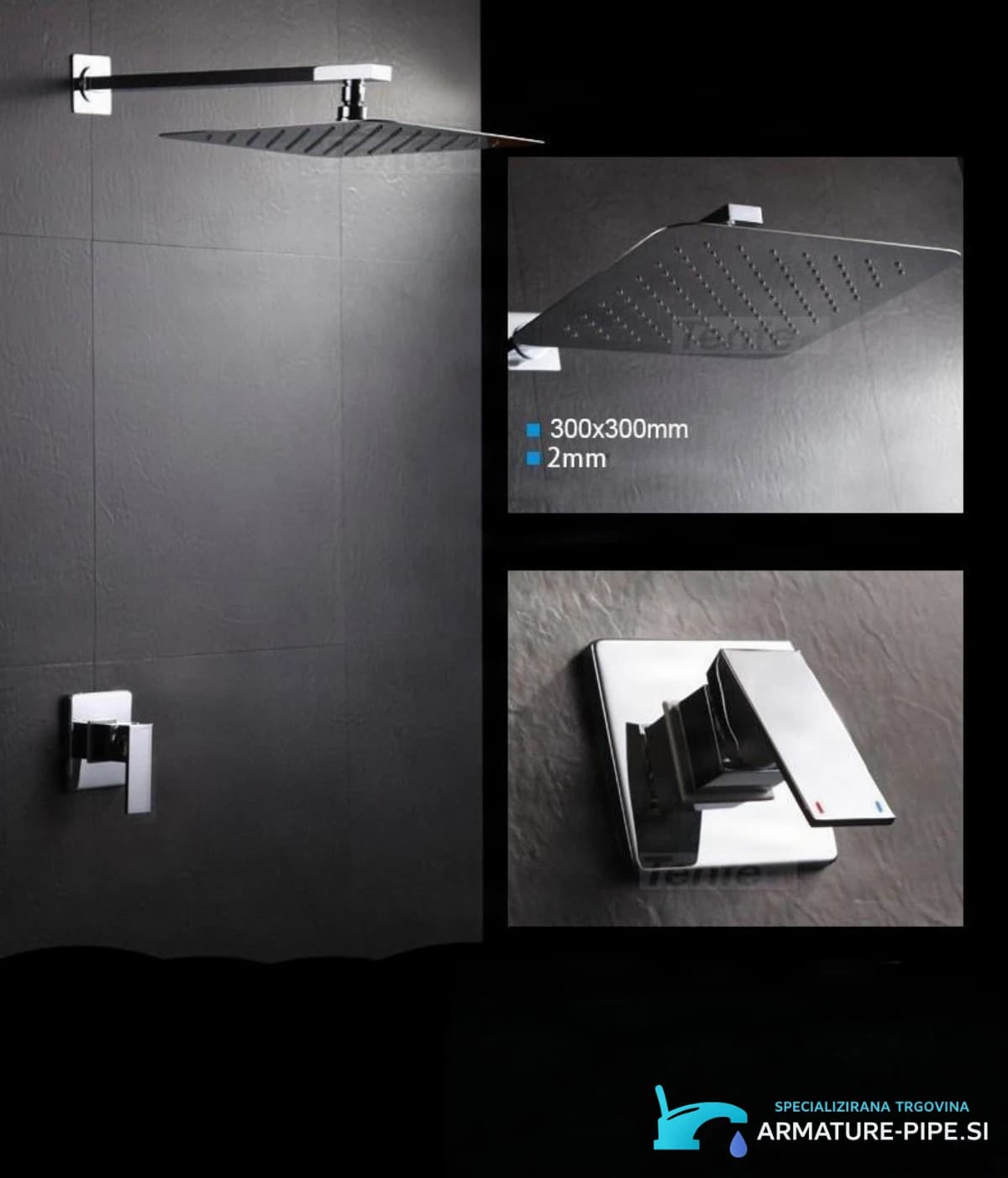 Podomítkový sprchový panel EYN PT23979 se čtvercovou dešťovou sprchou, lesklý chrom