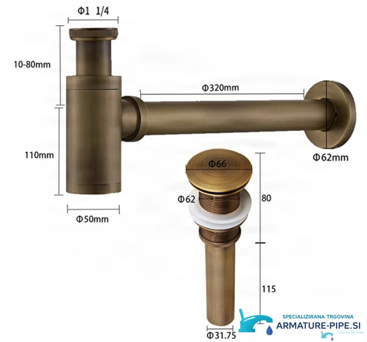 Technický výkres sifonu SAQ1556 s 320mm trubkou a připojením 1¼ palce