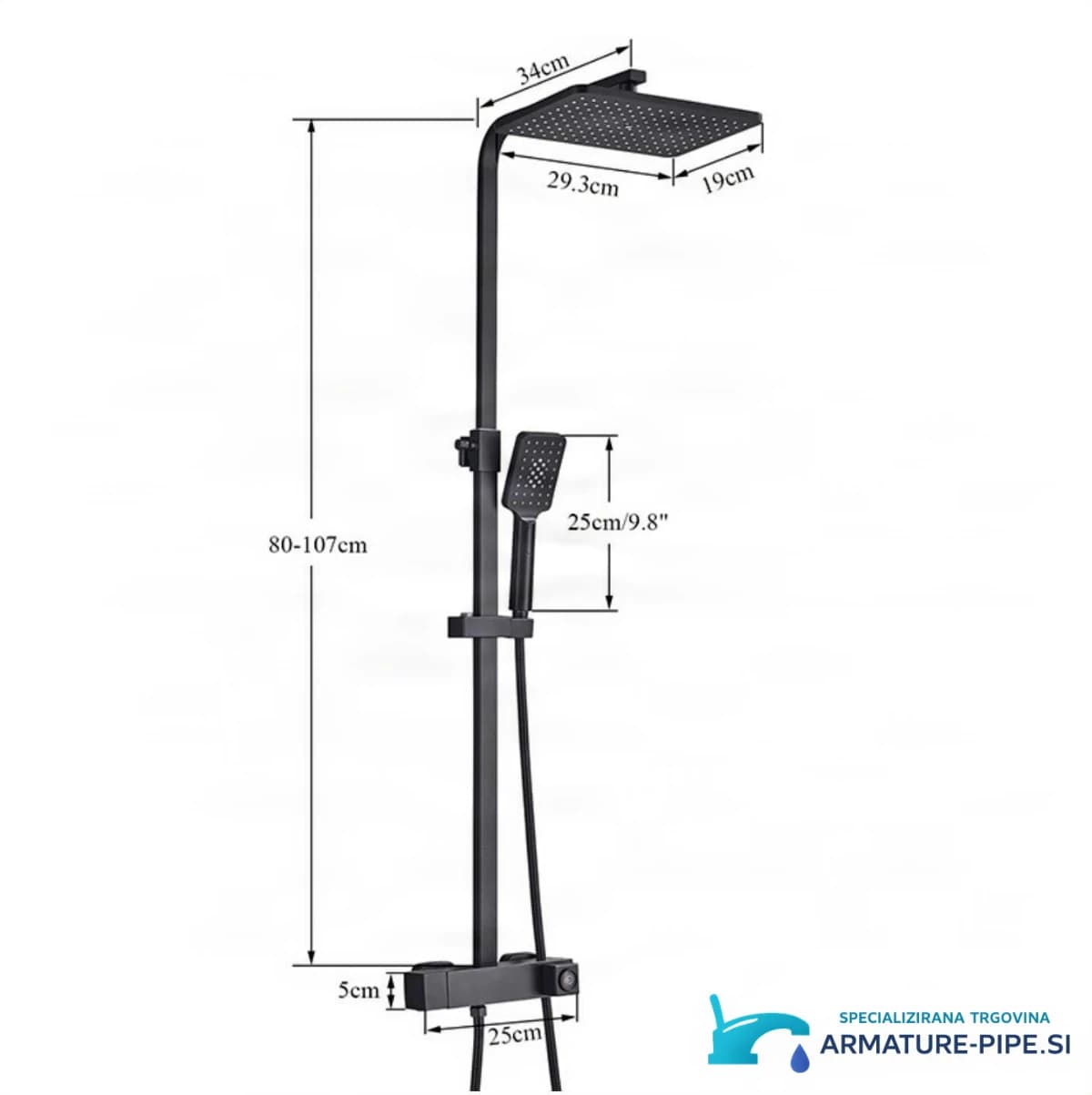 Technický výkres systému BT1048 (80–107 cm, hlavová sprcha 29,3×19 cm)