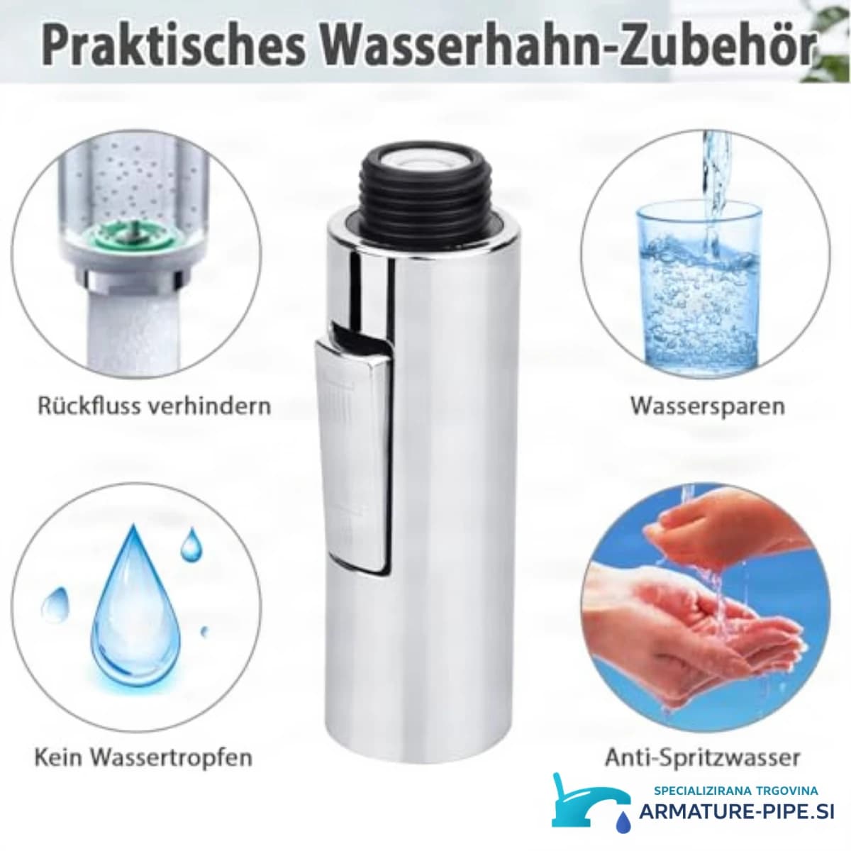 Specifikacije kuhinjske prhe EYN KFH1152: navoj, preklopna tipka in načini curka