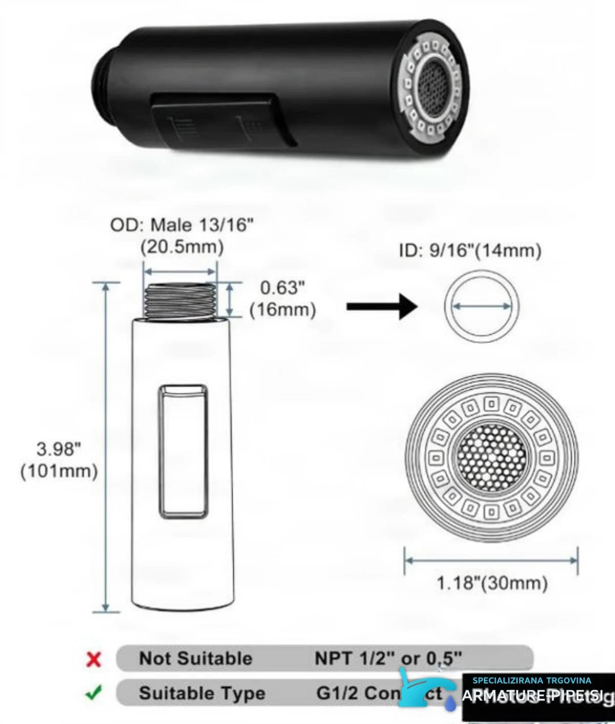 Technický výkres sprchové hlavice PKF1422 (101 × 30 mm, G1/2)