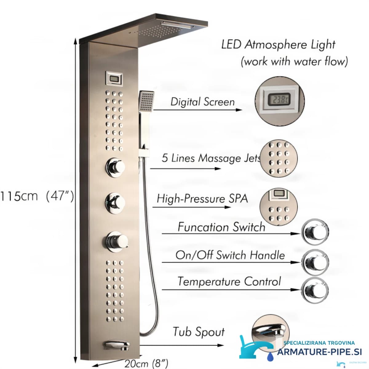 Spezifikationen des thermostatischen Eck-Duschpaneels TP1912L: LED-Licht, Digitalanzeige und Massagedüsen