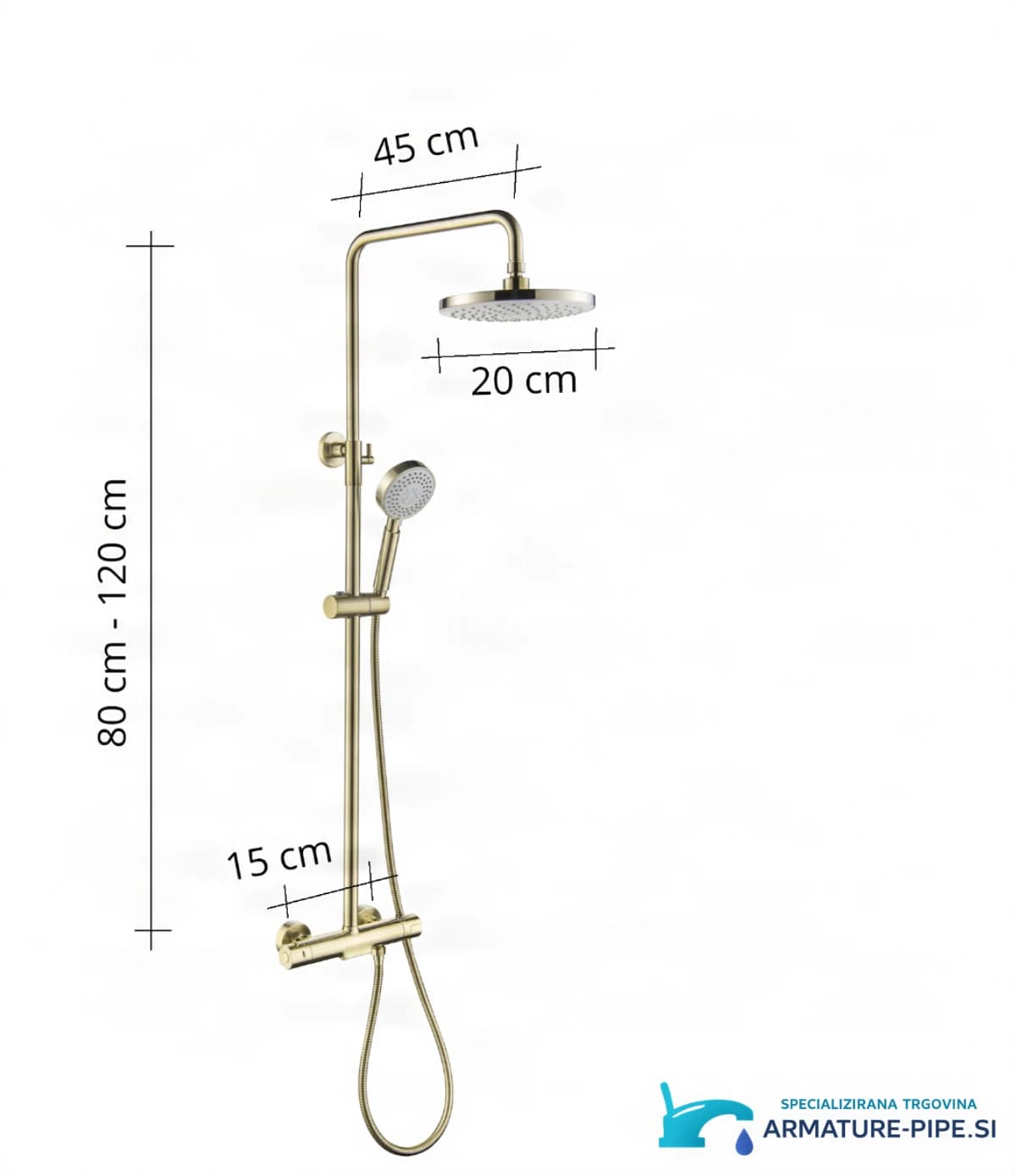 Műszaki rajz falon kívüli termosztátos zuhanyrendszer GT2251 (80–120 cm, 45 cm, 20 cm)