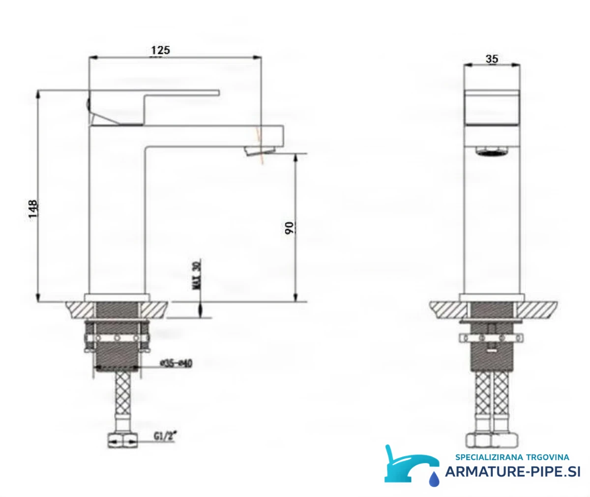 Technický výkres koupelnové baterie BC1320 (148 × 125 × 35 mm, G1/2)