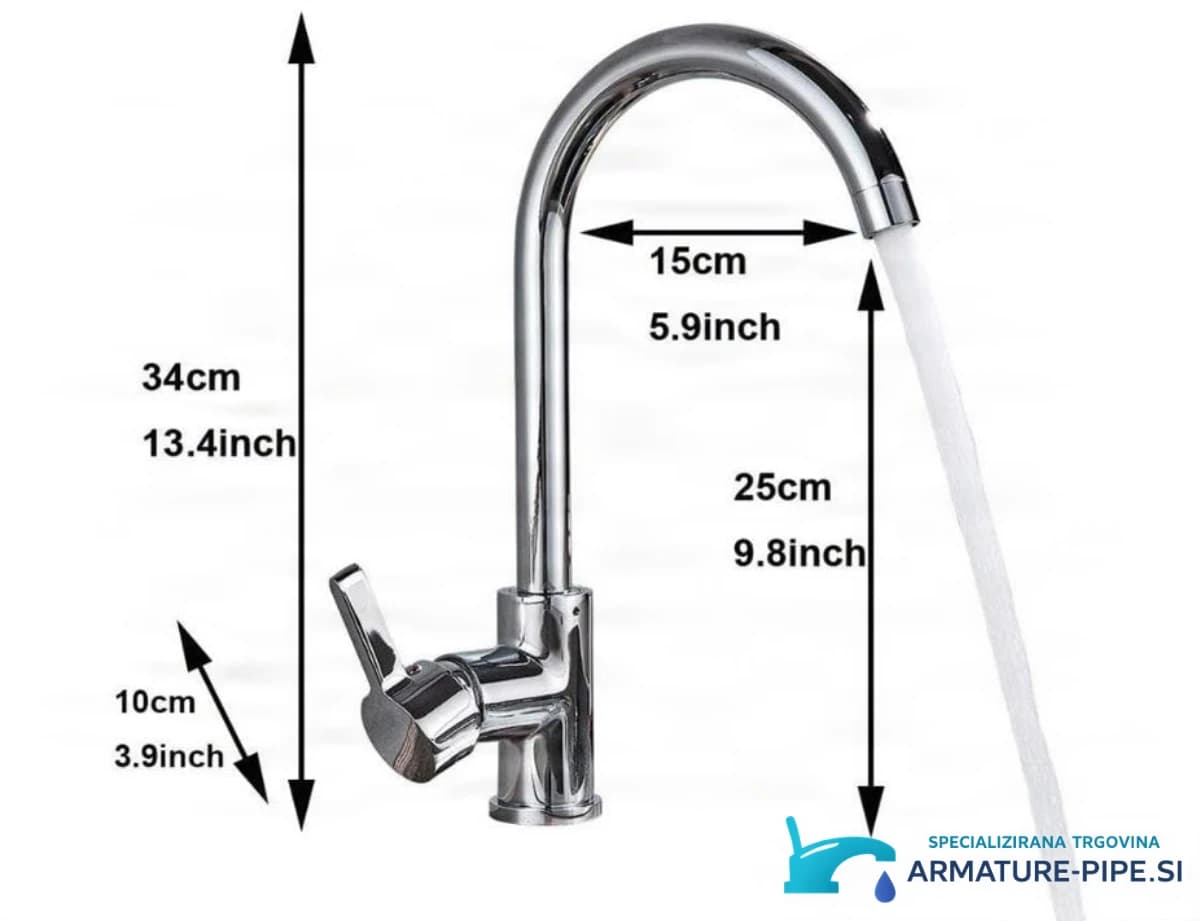 Rozměry chromované nízkotlaké baterie NT1311: výška 34 cm a dosah ramínka 15 cm